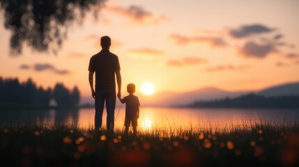 Fototapeta premium Silhouette of a Father and Son Holding Hands at Sunrise by a Tranquil Lake with Scenic Mountains and Pink Sky Reflected in Calm Water