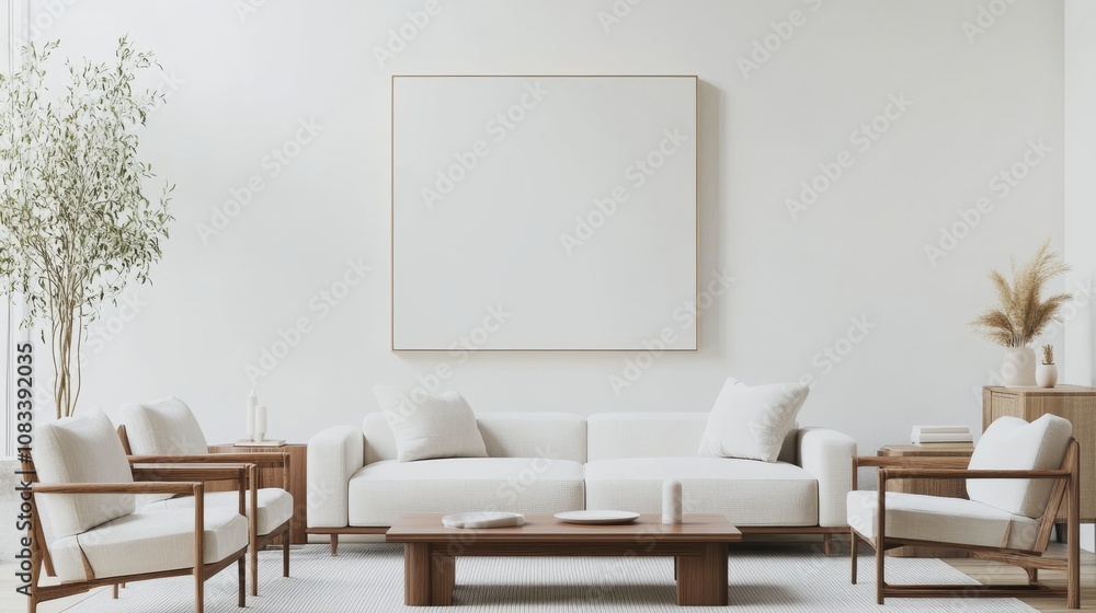 Poster a contemporary minimalist living room design with a pristine white canvas backdrop, showcasing minim