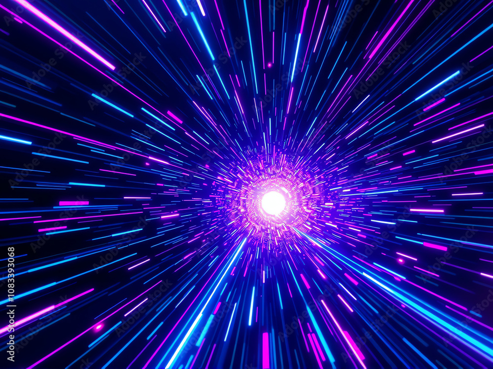Poster vibrant light streaks emanate from a central point creating a dynamic burst of colored energy in a d