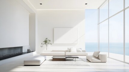 A contemporary minimalist living room design with a pristine white canvas backdrop, Showcasing minimalist furniture arrangements for a clean aesthetic