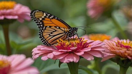 Obraz premium monarch butterfly rests on a pink flower in a vibrant garden during the morning hours of springtime, showcasing nature's beauty and colors