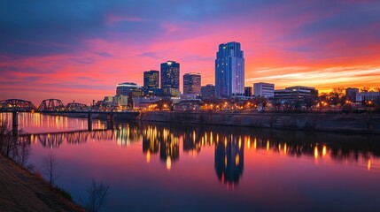 City Skyline Reflected in Water at Sunset
