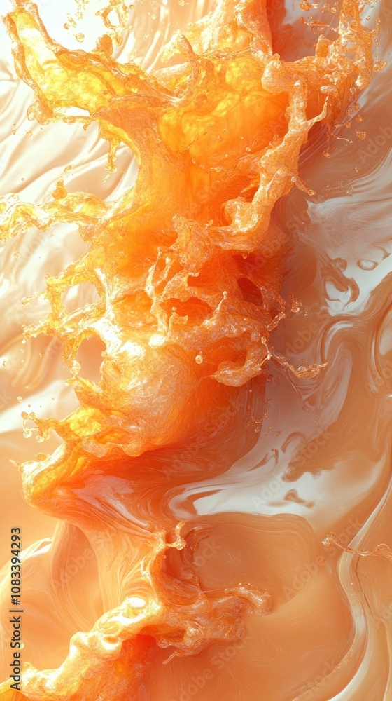 Poster abstract splash of orange liquid creating dynamic fluid shapes.