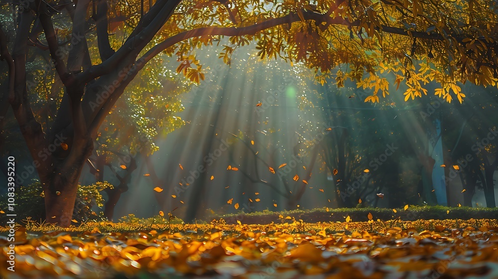 Poster beautiful autumn scene with a single tree in the forefront and a glowing golden sunlight filtering t