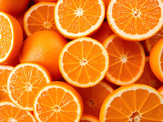 Freshly cut oranges arranged artistically on a vibrant surface showcasing their bright color and juicy texture