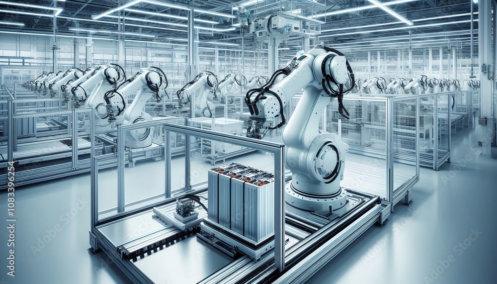 Poster automated robotic arms at work in a high-tech manufacturing facility during the day focused on assem