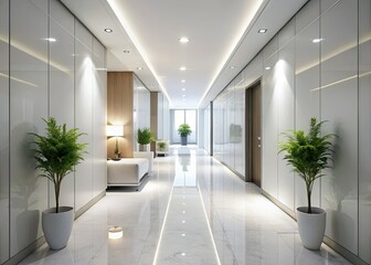 Fototapeta premium Modern White Corridor Interior Design - Sleek Lines and Minimalist Aesthetics for Contemporary Spaces, Bright Natural Light Enhancing Clean Surfaces and Elegant Decor Elements