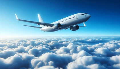 Obraz premium Airplane flying high above fluffy clouds during clear daytime sky, showcasing aviation and travel beauty from an aerial perspective