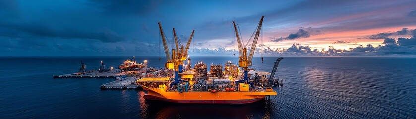 A breathtaking view of an offshore oil rig at sunset, showcasing industrial machinery against a vibrant sky, symbolizing energy and innovation.