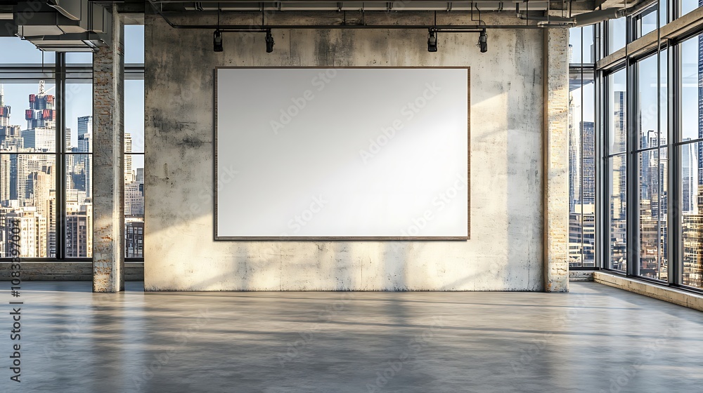Poster empty canvas mockup in a modern loft with large windows and city view.