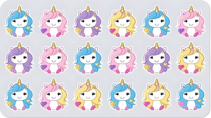 Obraz premium Adorable Collection of Cute Unicorns: A Delightful Set of Colorful Cartoon Unicorns Perfect for Stickers, Stationery, or Digital Designs.