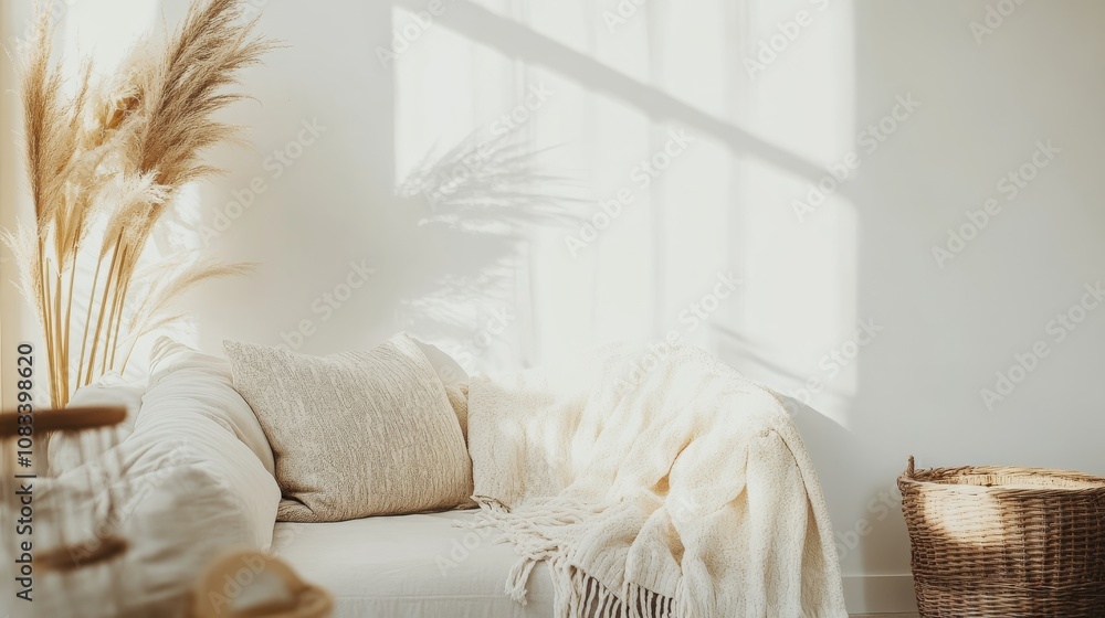 Poster a cozy and intimate lounge design showcasing a white canvas backdrop, layered with plush textiles an