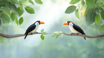 Naklejka premium Two Colorful Toucans Perched on Branches Surrounded by Lush Green Leaves in a Serene Nature Background Capturing the Beauty of Tropical Wildlife