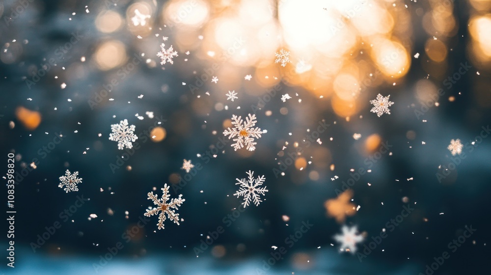 Poster snowflakes falling through golden bokeh in a winter forest