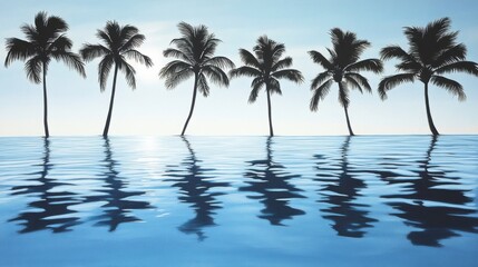 Fototapeta premium Early morning light reflecting off the calm ocean near Cancun, with silhouettes of palm trees swaying in the foreground 