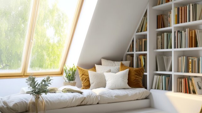 A cozy and intimate reading nook-inspired living space design featuring a white canvas backdrop, Furnished with plush seating and shelves lined with books, Reading nook chic style