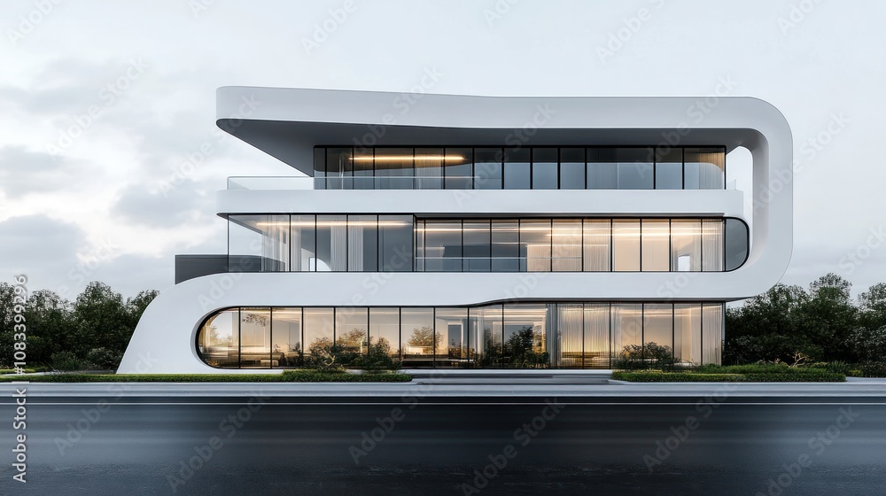 Poster modern architectural design featuring sleek lines and large windows.