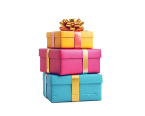 Stack of wrapped gifts in vibrant colors with ribbons and bows, isolated on white background