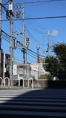 Japanese city landscape blue sky, bridges, trees, electric cable gardens, and beautiful city layout