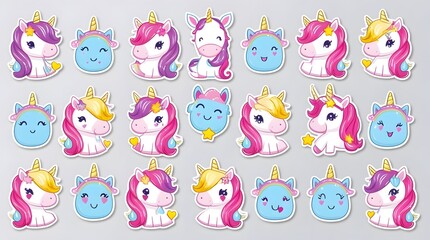 Adorable Collection of Kawaii Unicorns: A Delightful Set of Twenty Cute Unicorn Stickers, Perfect for Children's Crafts, Party Favors, or Scrapbooking
