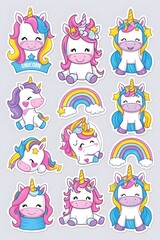 Obraz premium Adorable Collection of Cute Unicorns: A Whimsical Set of Rainbow-Colored Magical Creatures with Stars, Hearts, and Rainbows.
