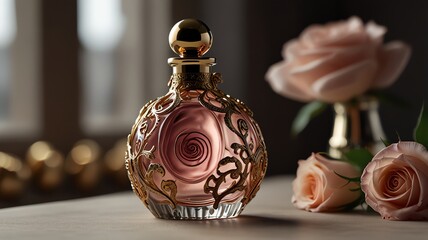 a pink perfume bottle with a gold top and a pink flower in the middle.