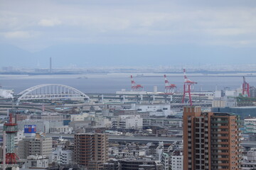 Aerial view taken from Kobe University showing the city layout, transportation and sea that decorate the city of Kobe