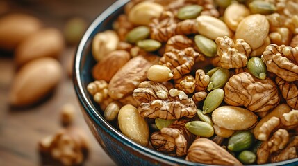 Walnut Seed and Nut, Assorted Nuts and Seeds in a Rustic Wooden Bowl - Top-Down View