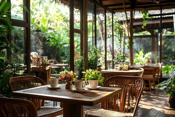 Fototapeta premium 緑に囲まれたナチュラルなカフェの明るい空間 | Bright Natural Cafe Surrounded by Greenery