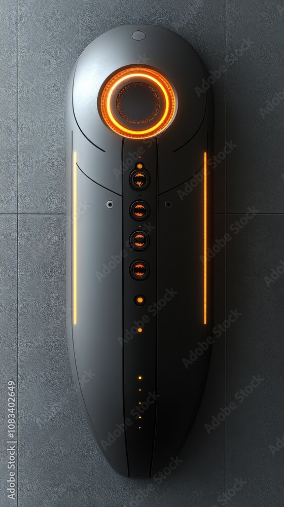 Poster a sleek, futuristic device with illuminated buttons and a circular light.