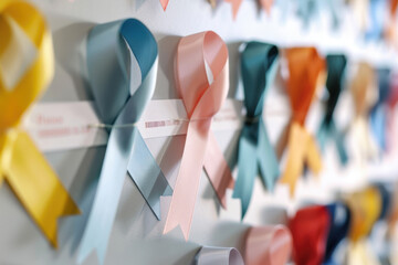 A wall of ribbons with pink, blue, and yellow ribbons