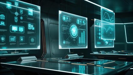 Futuristic Control Room with Transparent Screens and Floating Design Icons Suspended in Mid-Air