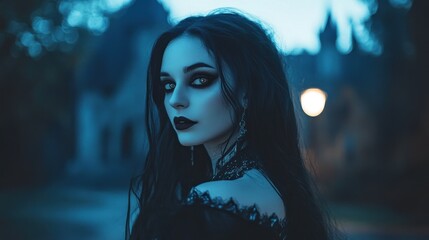 A mysterious young woman with dark makeup stands in a dimly lit, eerie setting.