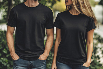 Obraz premium Blank black shirt mock up template, front and back view, isolated, plain t-shirt mockup. Tee sweater sweatshirt design presentation for print. 