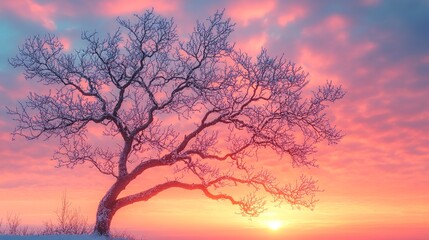 winter sunset nature landscape background featuring a frosty tree silhouetted against a colorful sky with pink, orange, and purple tones. winter evenings in the countryside