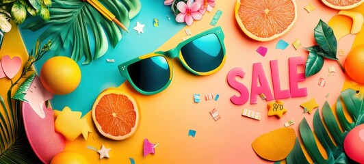 An eye-catching banner advertising a summer sale, with bold, bright colors and dynamic shapes, emphasizing discounts and special offers in large text