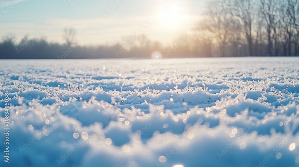 Poster sunlit snow-covered field with frost-covered grass