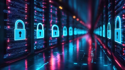 Obraz premium Futuristic Data Center with Secure Server Racks Featuring Digital Lock Icons and Illuminated Circuit Patterns for Cybersecurity and Technology Concepts