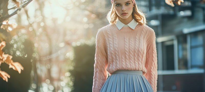 A classic preppy look with a pastel-colored cable-knit sweater, pleated skirt, and loafers, finished with a headband for a polished collegiate style
