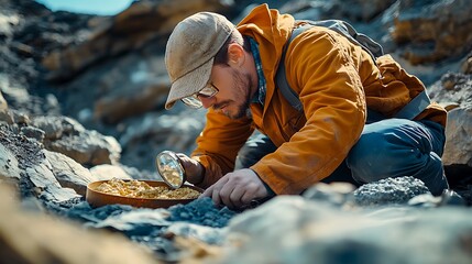 Gold prospecting adventure rocky terrain photography outdoor exploration close-up view discovering nature