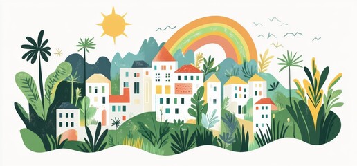 a City with Greenery, Rainbow, and Sun, Featuring Colorful Houses and Palm Trees