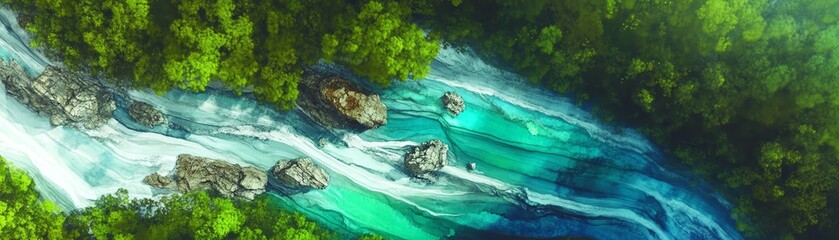 Serene river flowing through lush green forest.