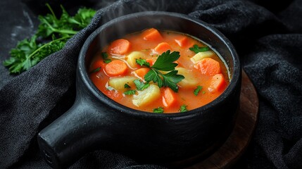 Warm vegetable soup in a rustic black bowl.