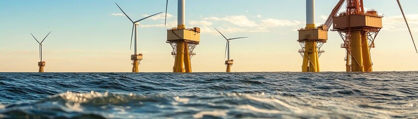 Wind turbines in ocean at sunset.
