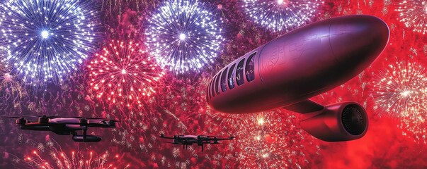 Airship flying through vibrant fireworks display.