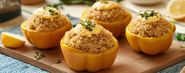 Delicious stuffed peppers with creamy topping.