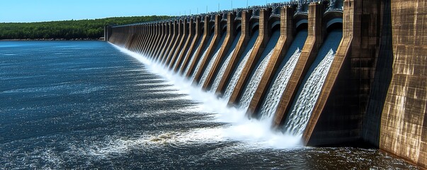 Flowing water from a large dam structure.