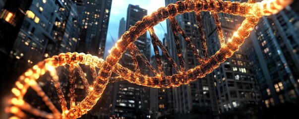 Glowing DNA strand over urban skyline at night.