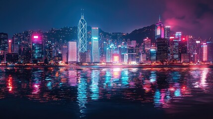 Fototapeta premium Vibrant Nightscape of Hong Kong Skyline Showcasing Neon Lights, Reflective Waters, and Towering Skyscrapers under a Starry Sky