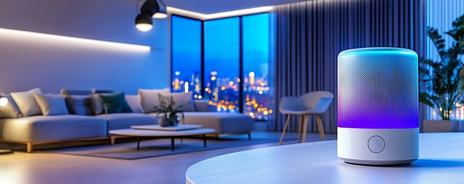 A modern home interior featuring a stylish aroma diffuser with ambient light, set against a city skyline backdrop at night, promoting relaxation.